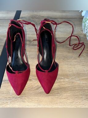 ALDO Women's Wine Red Suede Lace-Up Pointed Heels